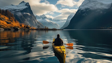 person is paddling a yellow kayak along the edge of a fjord in norway