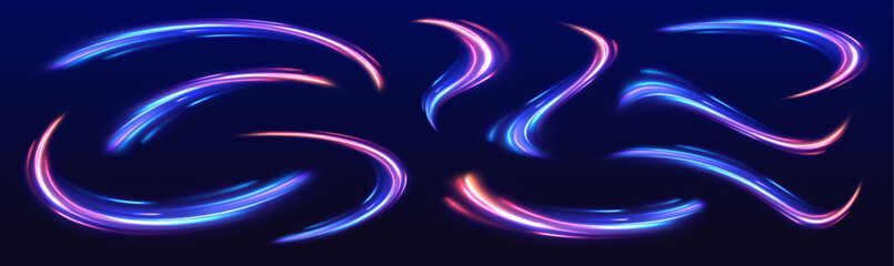 High-speed light line in the form of a road and a highway in a night city. Neon stripes in the form of drill, turns and swirl. Speed of light concept background.	