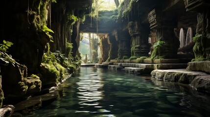 a cave with a river stream surrounded by moss-covered stones. Daylight and greenery behind the open...