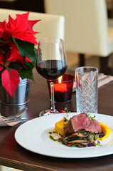 close up view beef steak with pure 