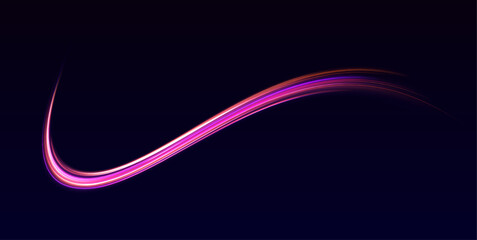 Neon stripes in the form of drill, turns and swirl. Illustration of high speed concept. Image of speed motion on the road. Abstract background in blue and purple neon glow colors.	