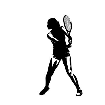 Woman playing tennis, isolated vector silhouette, side view