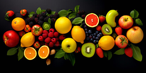 Various fruits Healthy food concept from top view Including fruits with high vitamins, fresh fruits such as oranges, apples, grapes, kiwis, etc., with space on a black background.