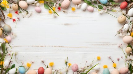 Easter layout with eggs and botanical elements,free copy space