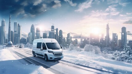 Snowy Urban Scenes: Dive into the serenity of winter with our van on snow-covered streets. - obrazy, fototapety, plakaty