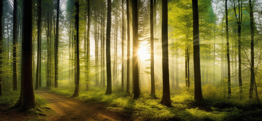 Panoramic view of the sun shining through the trees in the forest