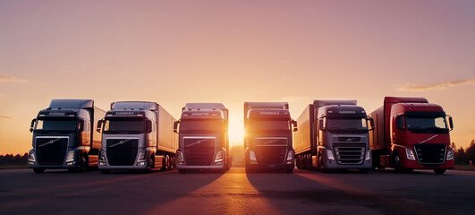 Parked trucks before a bright sunrise or sunset