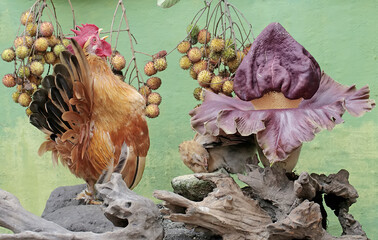 A rooster and a hen are hunting for termites in a rotten tree trunk overgrown with stink lilies....