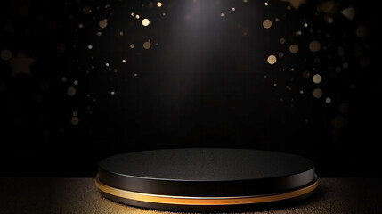 Black, dark and gold luxury empty podium background with presentation product stand cosmetic display on pedestal and premium modern round showcase on elegant mockup, illuminated by spotlights