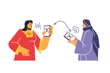 Multilingual communication between people using online translator app on smartphone, vector foreign people conversation