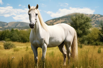 Obraz na płótnie Canvas a white horse standing through a green pasture