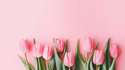 Fototapeta premium Pink tulips on pastel pink background. Flat lay, top view, copy space