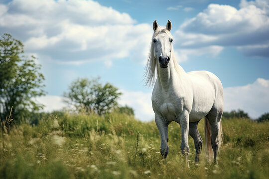 a white horse standing through a green pasture
