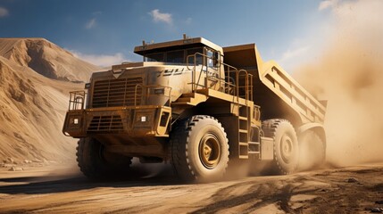 Unleash the Power: Witness the indomitable force of quarry machinery as colossal truck tires leave their mark on the open sand pit.
