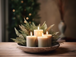 Decorative winter arrangement with fir and candles in cozy home interior, stylish room decor for Christmas holiday season, afternoon daylight