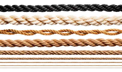 Set of ropes - various load-bearing capacity, flexibility, colors and durability models - isolated transparent PNG