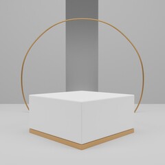 A white counter podium with a gold round background for product display
