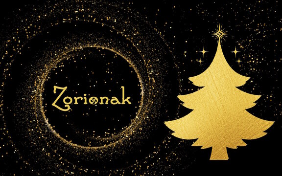 Carte de v&oelig;ux chic, tourbillon d'&eacute;toiles et sapin &eacute;toil&eacute;, Joyeuses F&ecirc;tes &eacute;crit en basque seulement