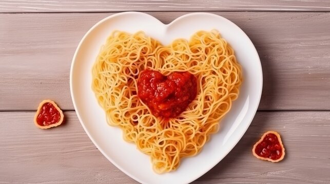 Heart-shaped plate with pasta spaghetti and tomato sauce, a symbol of love, romance, and Valentine's Day. Romantic dinner, creating an atmosphere of affection and celebration concept.