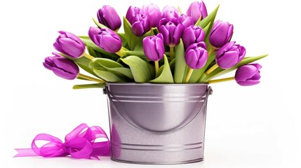 Floral celebration: fresh spring tulips in a bucket, perfect for Women's Day.