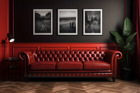Luxury red leather sofa, three paintings.