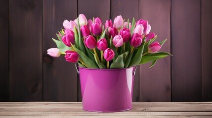 Floral celebration: fresh spring tulips in a bucket, perfect for Women's Day.