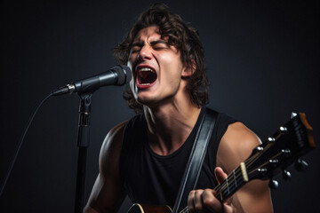 Portrait of a young man singing and playing the guitar on a dark background