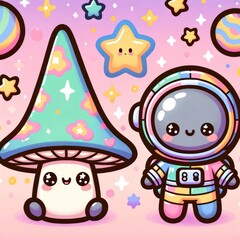 A delightful illustration of a cute cartoon astronaut in a mushroom costume against a space backdrop