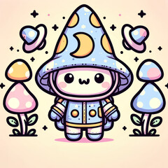 Charming cartoon astronaut character in a mushroom cap against a twinkling star background