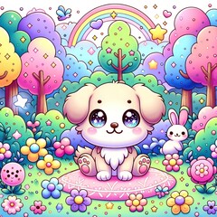 Obraz na płótnie Canvas A vibrant cartoon illustration of a cute dog in a magical land with whimsical trees and rainbow