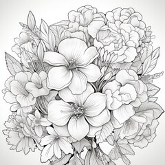 Intricate monochrome line drawing of a lush floral bouquet, ideal for elegant designs