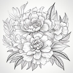 A detailed outline illustration of a full floral composition perfect for design and coloring books