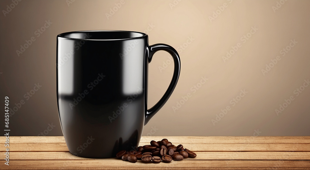 Poster a realistic coffee mug advertisement background with space for text at the side - ai generative
