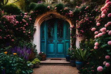 Fototapeta na wymiar Entrance door with flowers