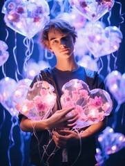 A young individual with a glowing heart-shaped balloon filled with flowers surrounded by blue light