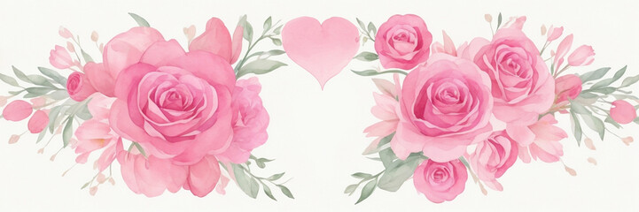  Template with watercolor flowers and heart shape. Decor for Valentine's Day. AI 