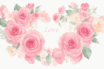  Template with watercolor flowers and heart shape. Decor for Valentine's Day. AI 
