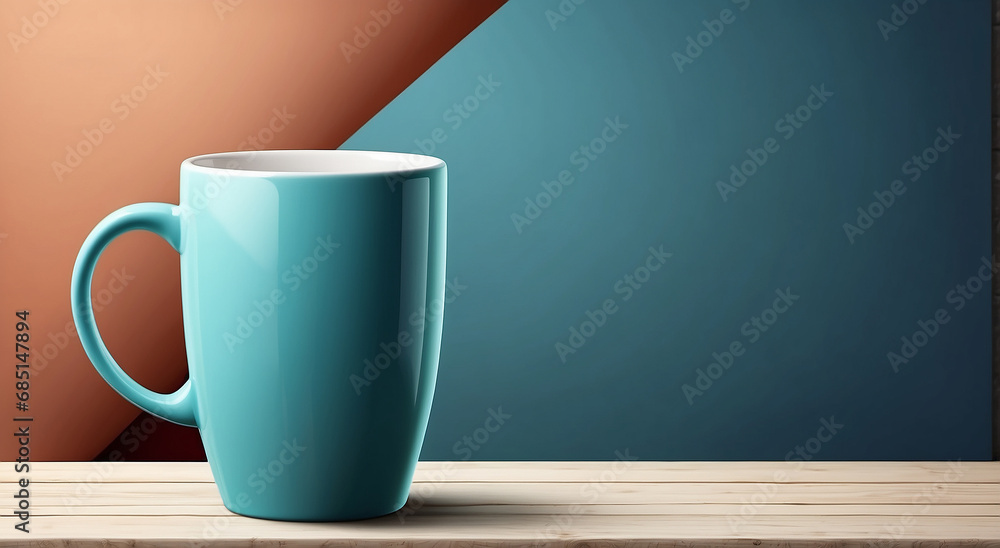 Poster a realistic coffee mug advertisement background with space for text at the side - ai generative