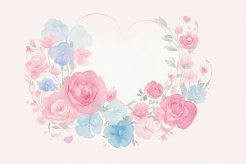  Template with watercolor flowers and heart. Decor for Valentine's Day. AI 