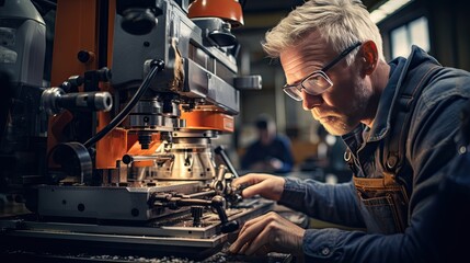 A milling machine operator works in a factory shop. Universal lathe operator at work. Specialist in the enterprise. Illustration for cover, card,  interior design, poster, brochure or presentation. - obrazy, fototapety, plakaty