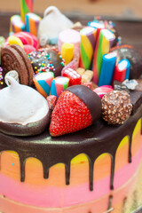 Colorful richly decorated gradient pink cake with sweets, popsicles, lollipops, jelly, strawberries and cupcakes on rustic background