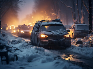 Cars stuck in a snow-covered road, AI generated