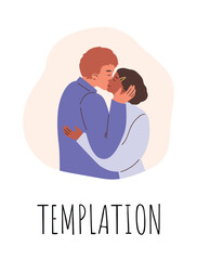 Two lovers hugging and kissing, enamored romantic couple spending time together, vector cartoon amour templation poster