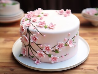 Fototapeta na wymiar pink fondant cake decorated with icing flowers, birthday cake idea design, Generative Ai