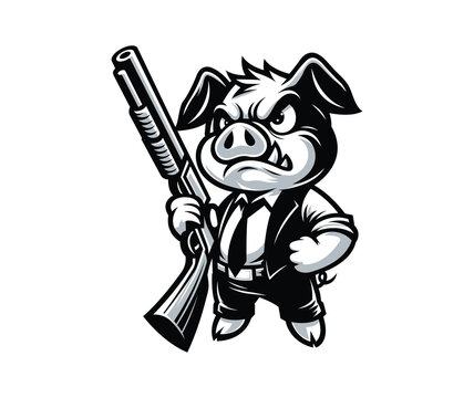 Cartoon Pig With Shotgun Vector