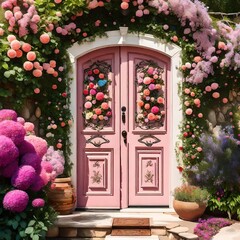 Fototapeta na wymiar Entrance door with flowers