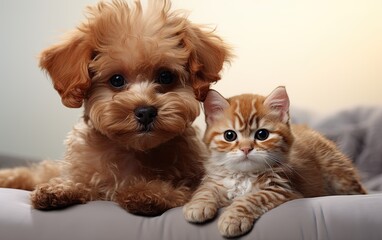 Puppy and kitten at the white background.