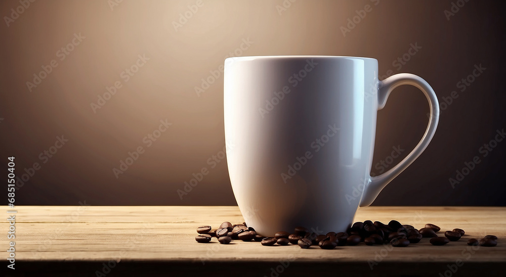 Poster a realistic coffee mug advertisement background with space for text at the side - ai generative