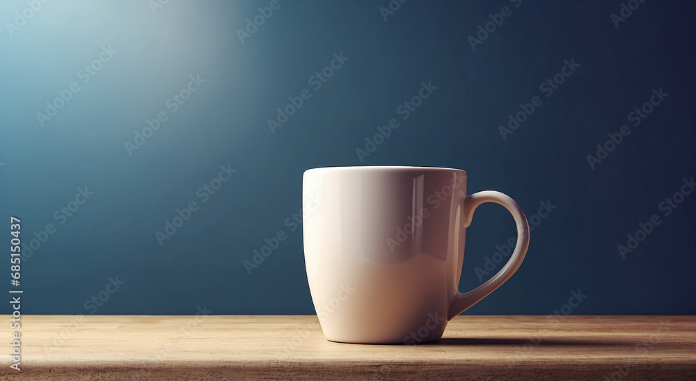Poster a realistic coffee mug advertisement background with space for text at the side - ai generative