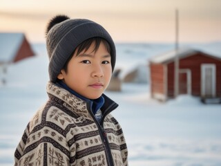 Eskimo or inuit teenager boy. Winter. Generative AI